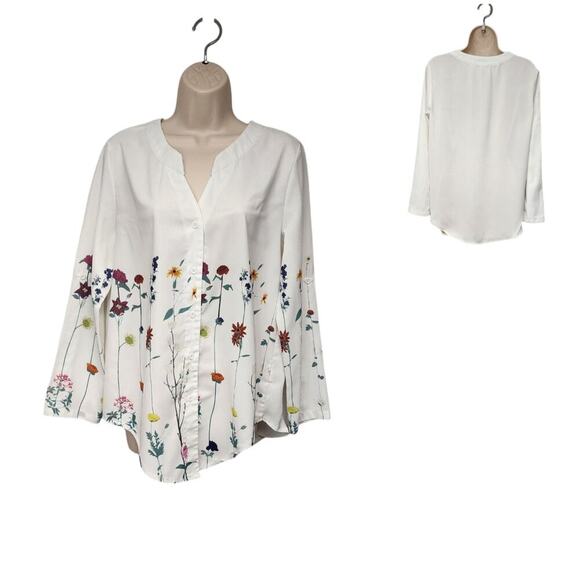 Misslook notched V-Neck Floral Roll-Tab Tunic Blouse Size L Multicolor White - Picture 1 of 6